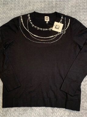 Anne Klein Black Sweater with Pearl and Rhinestone Embellishment